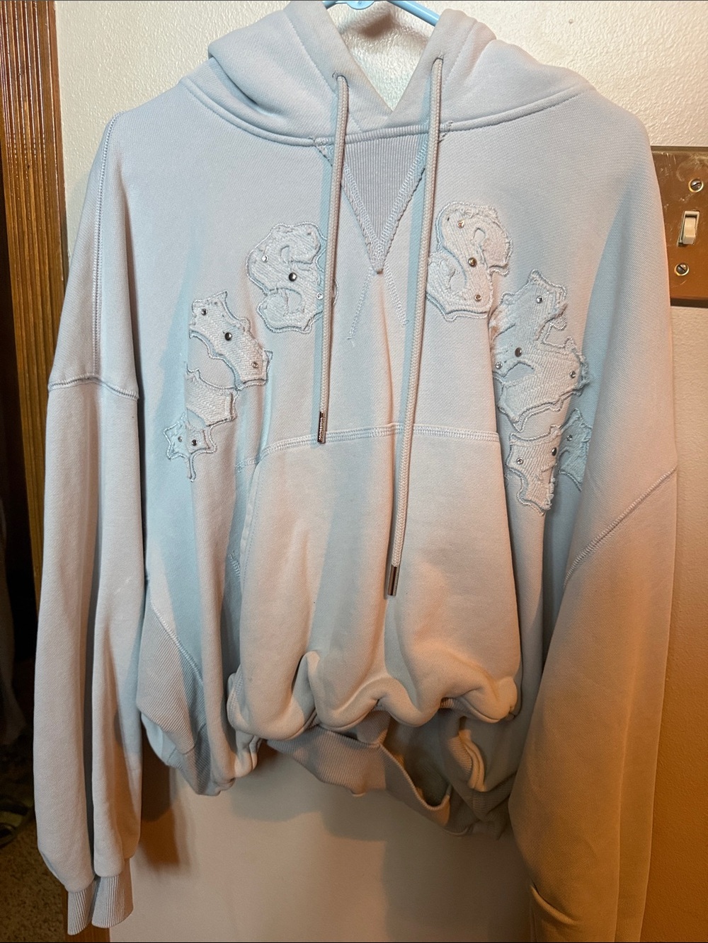 Light Blue Embroidered Hoodie Sweatshirt - Women Tops
